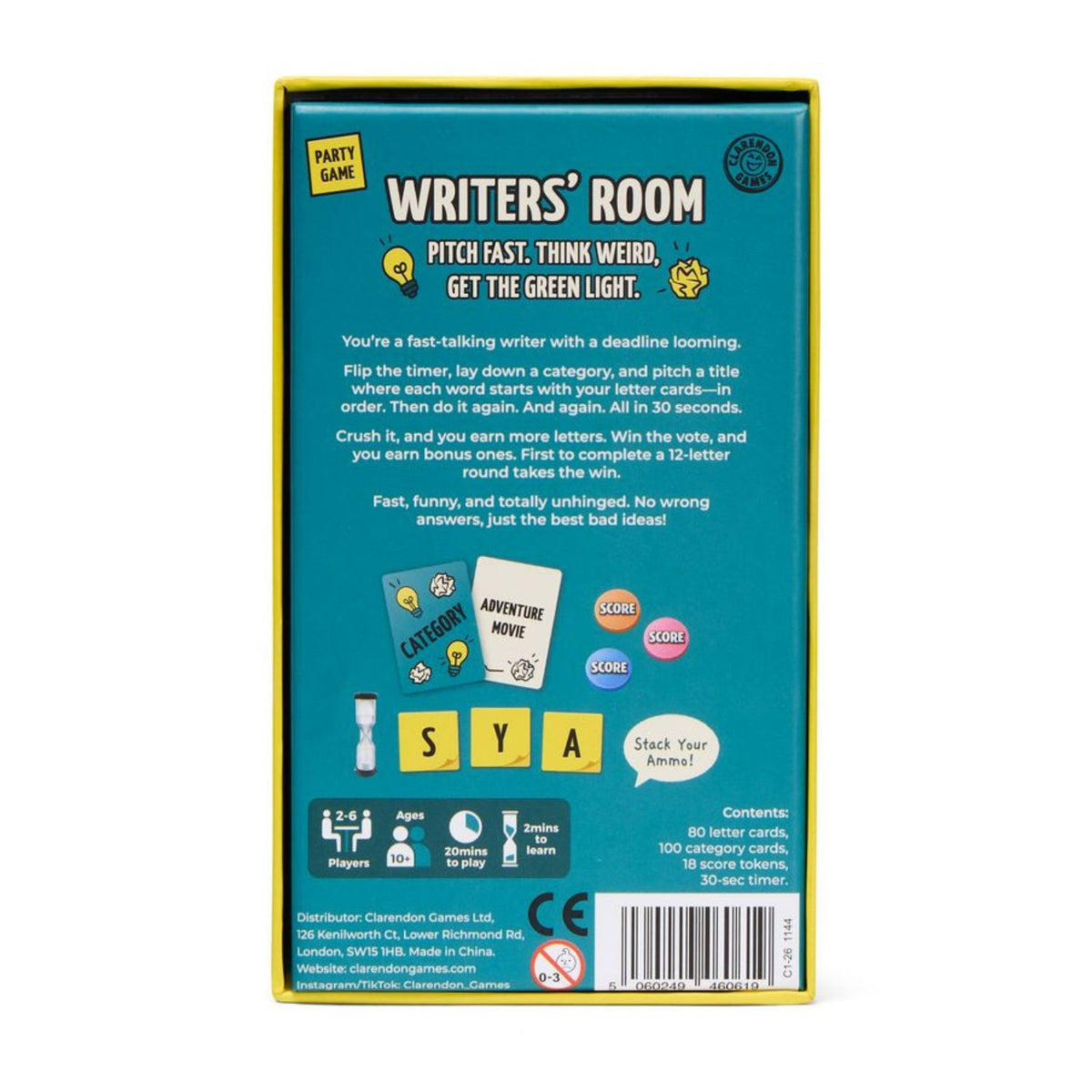 Back of the 'Writers' Room' party game box, featuring colorful printed game icons and rules summary.