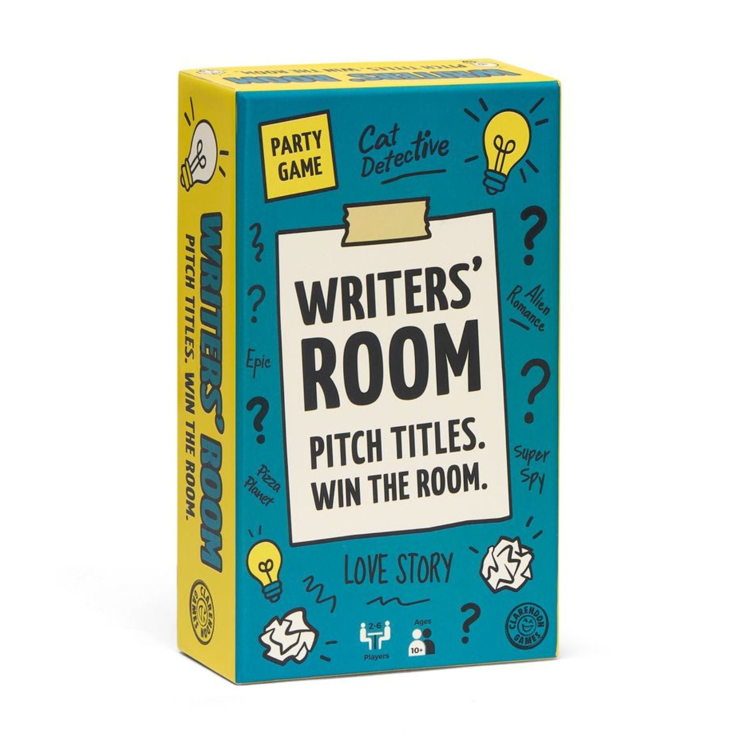 The Writers’ Room party game showcasing its bold, cinematic branding, vivid typography, and television-studio-inspired design.