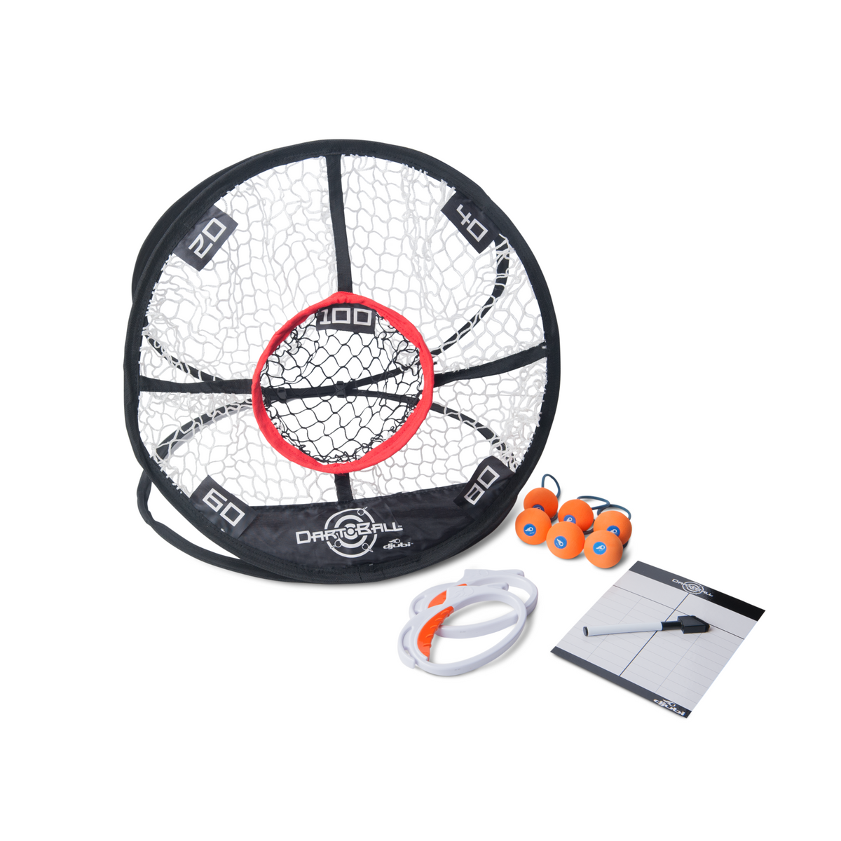 Djubi DartBall - contents out of packaging and laid out on white background 