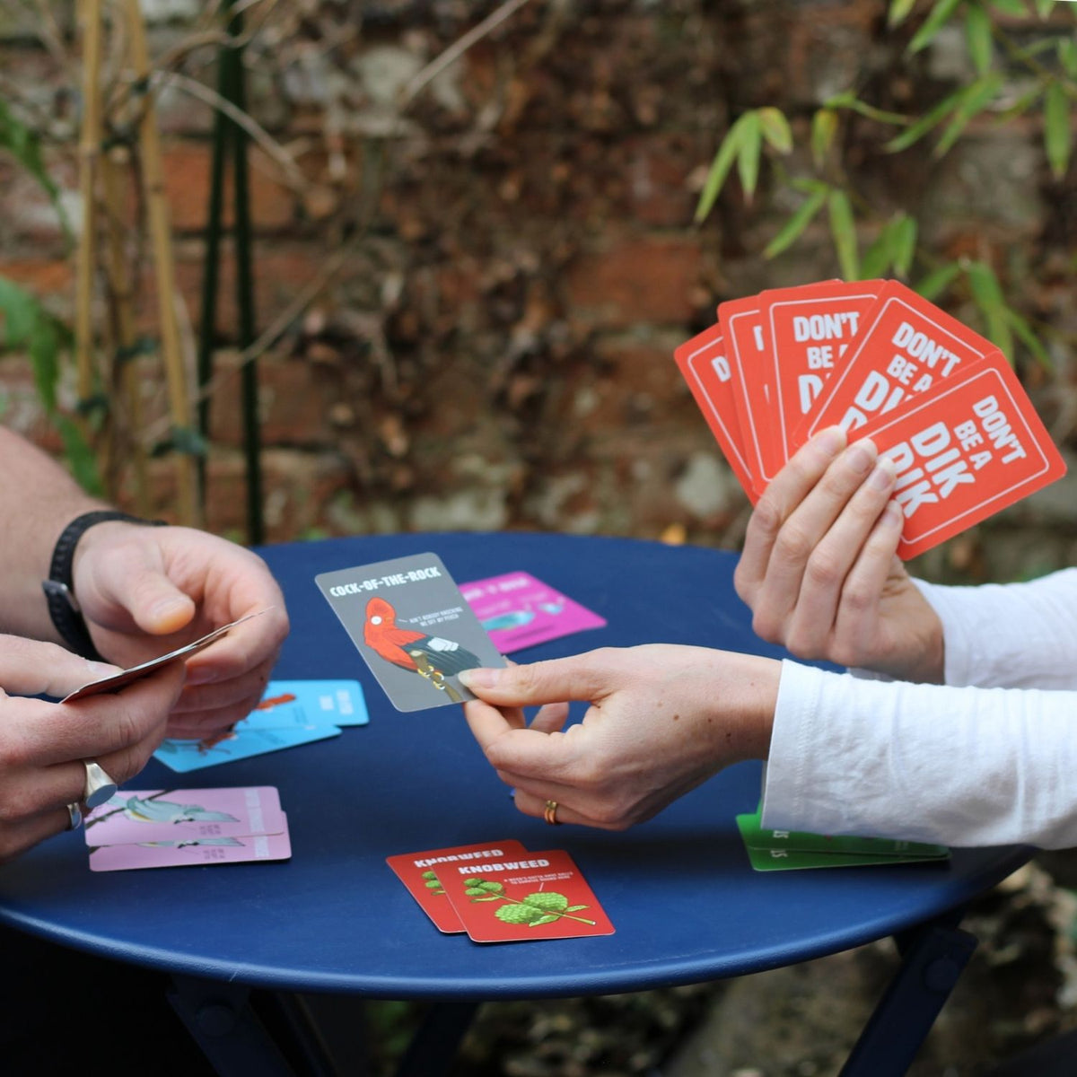 The image shows the cover of the card game &#39;Don&#39;t be a Dik Dik&#39;, featuring an illustration of a dik dik (a type of antelope) on a red background, with the title and a caution note &#39;Contains mild naughtiness&#39;.