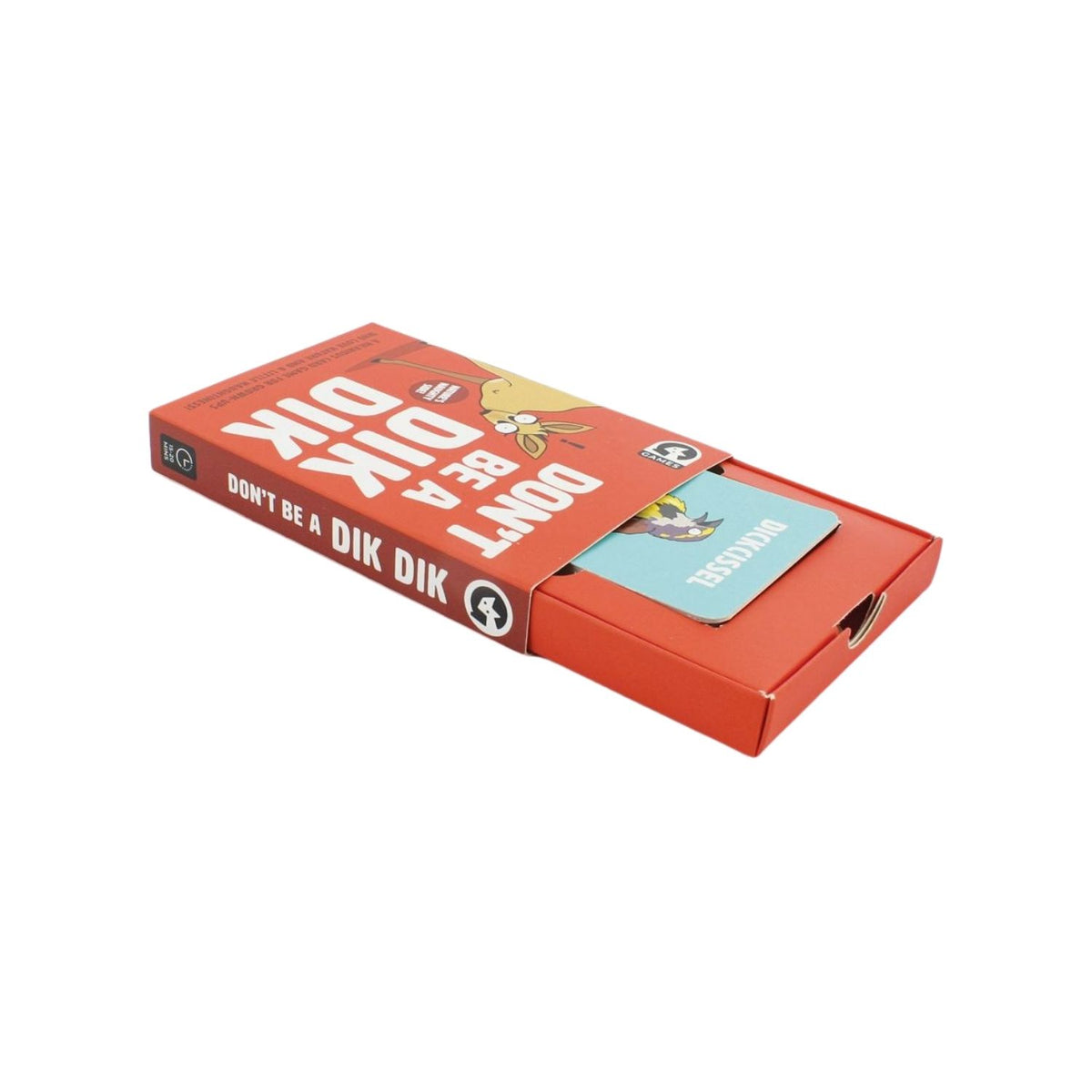The image shows the cover of the card game &#39;Don&#39;t be a Dik Dik&#39;, featuring an illustration of a dik dik (a type of antelope) on a red background, with the title and a caution note &#39;Contains mild naughtiness&#39;.