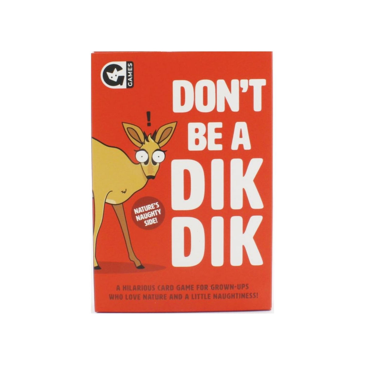 The image shows the cover of the card game &#39;Don&#39;t be a Dik Dik&#39;, featuring an illustration of a dik dik (a type of antelope) on a red background, with the title and a caution note &#39;Contains mild naughtiness&#39;.