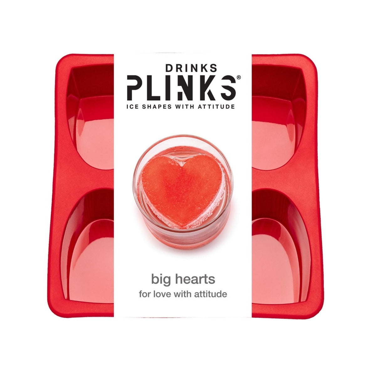 Heart shaped ice mould in flexible red silicone, featuring four large and four mini heart-shaped cavities for varied drink styles.