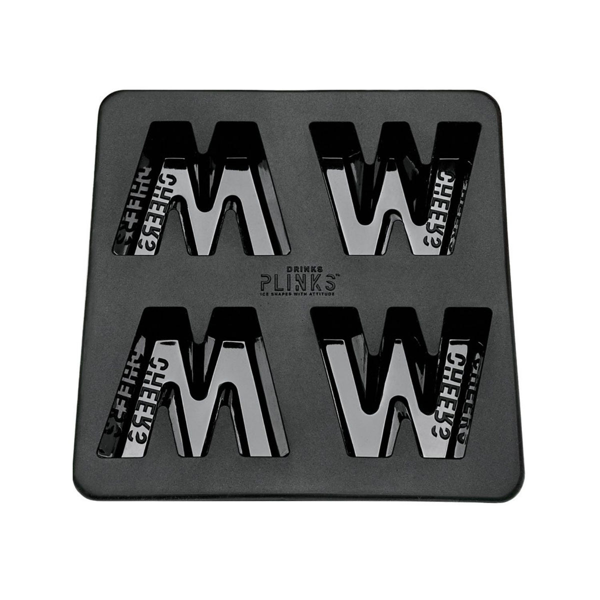 A charcoal-grey silicone M shaped ice mould with four deep cavities for creating large, architectural letter-shaped ice.