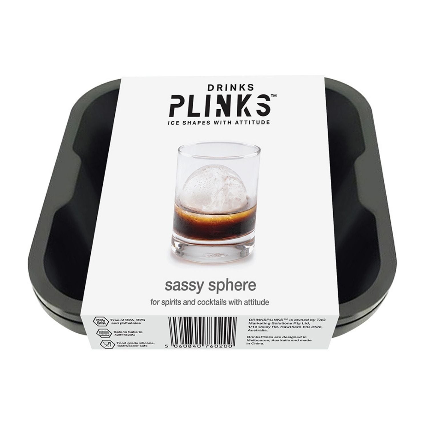 A square charcoal-grey silicone large round ice mould that creates four 45mm spheres, sized perfectly for a standard whisky or rocks glass