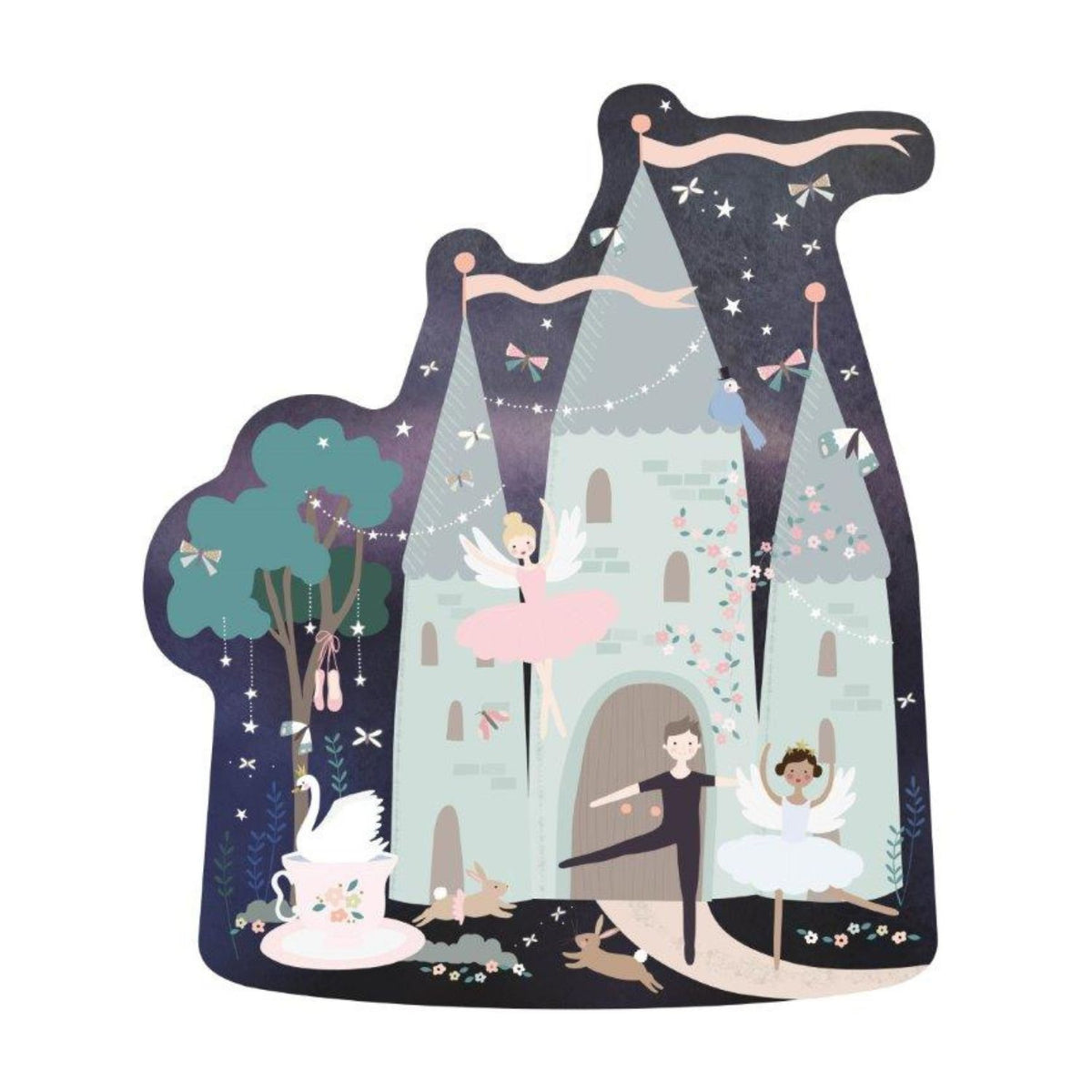 Jigsaw puzzle of a fairy tale castle with characters and elements like trees and swans.