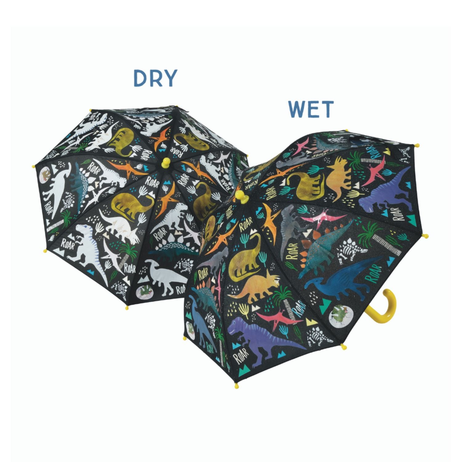 Two views of a dinosaur-patterned umbrella showing dry and wet states 
