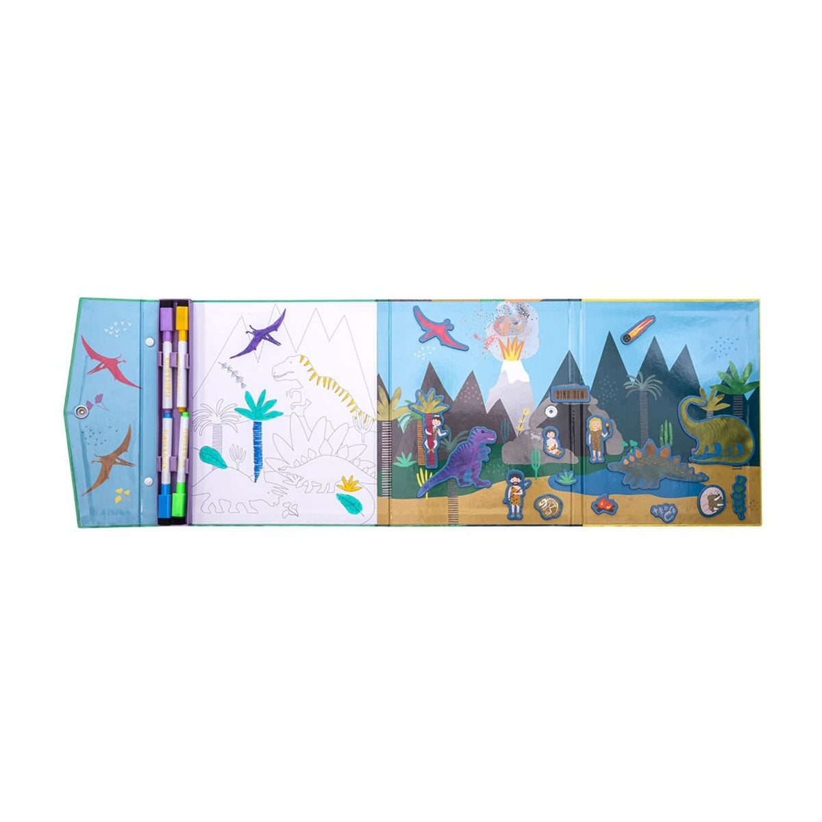 The Floss & Rock Dinosaur Magnetic Multi Play set opened flat to reveal the 20-piece magnetic puzzle, doodle board, and prehistoric pop-out magnets.
