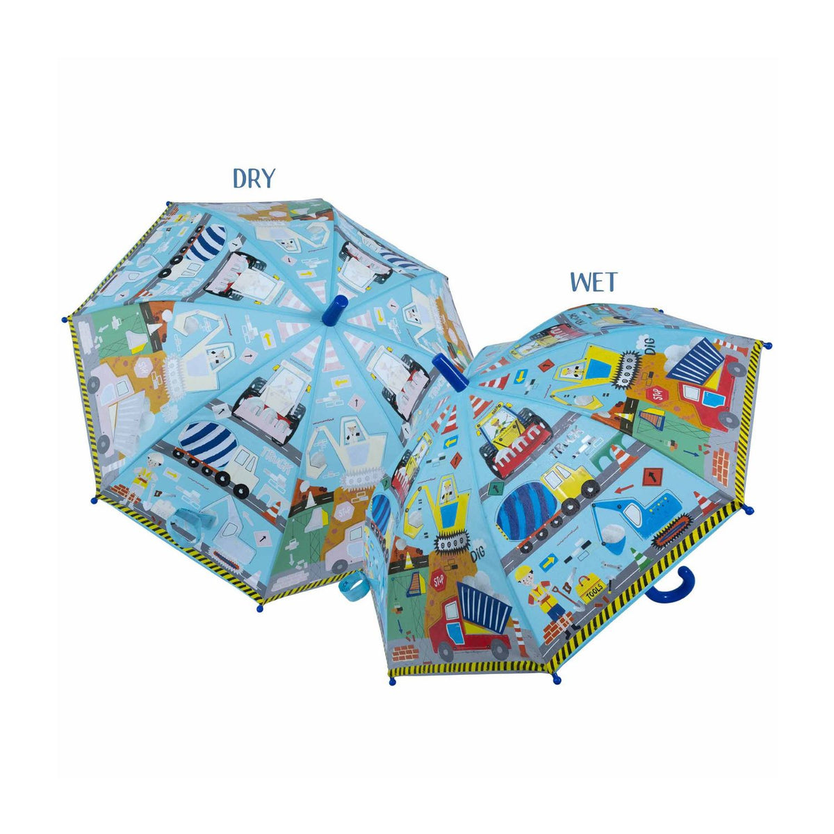 Two views of a children's umbrella showing dry and wet states.