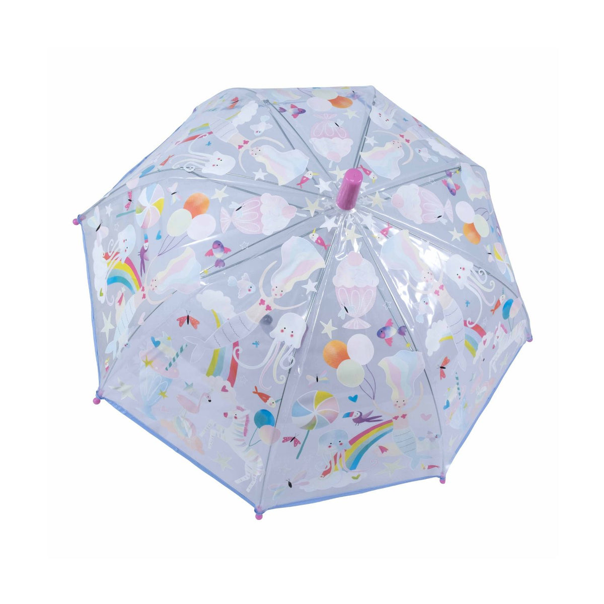 Transparent children's umbrella with colorful fantasy design