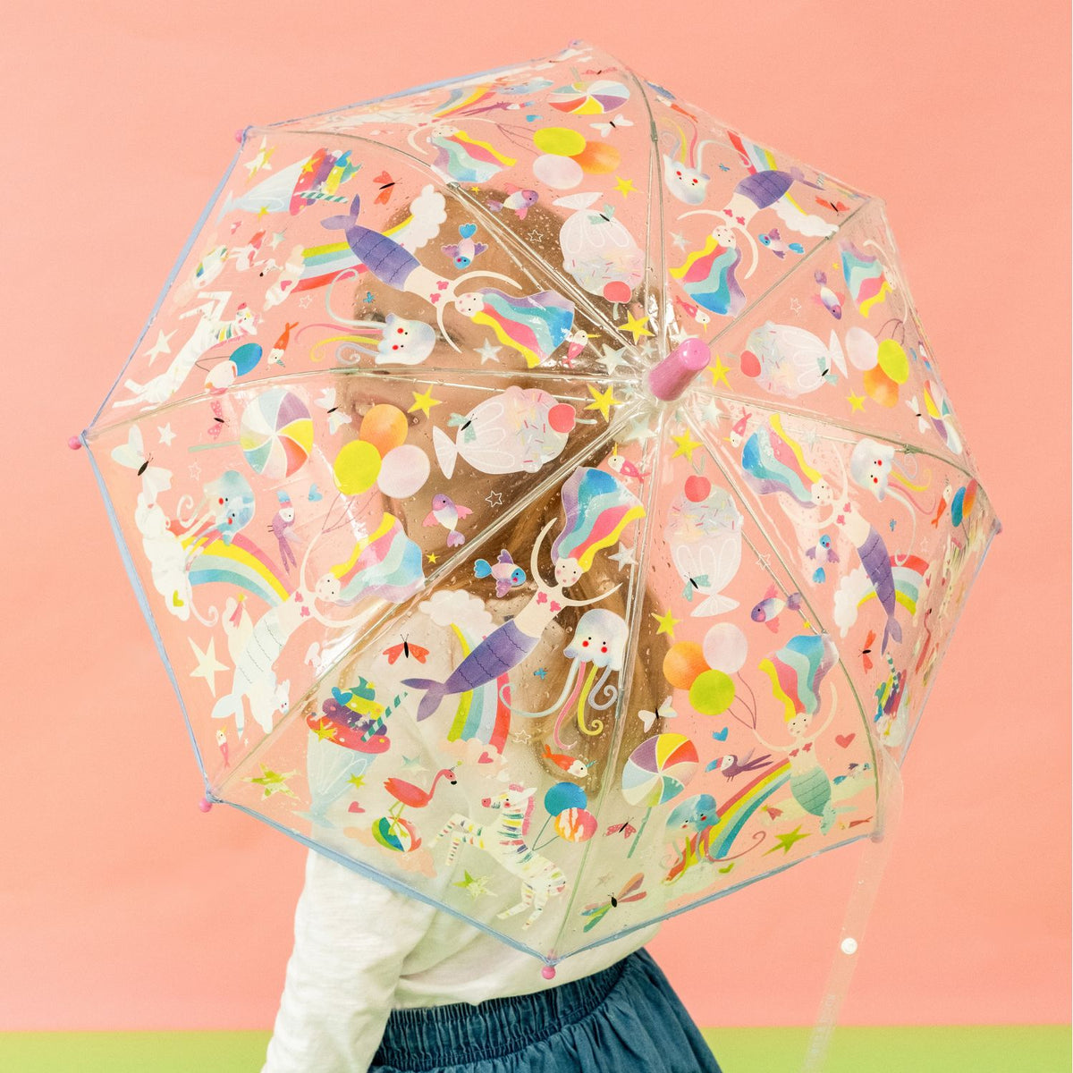 Transparent umbrella with colorful animal and rainbow fantasy design