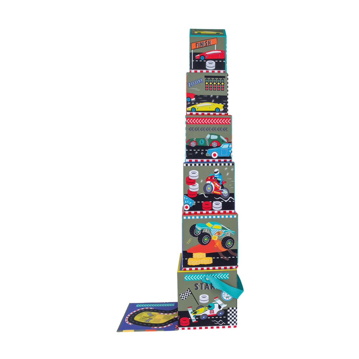 Stack of children's stacking blocks with vehicle-themed illustrations 