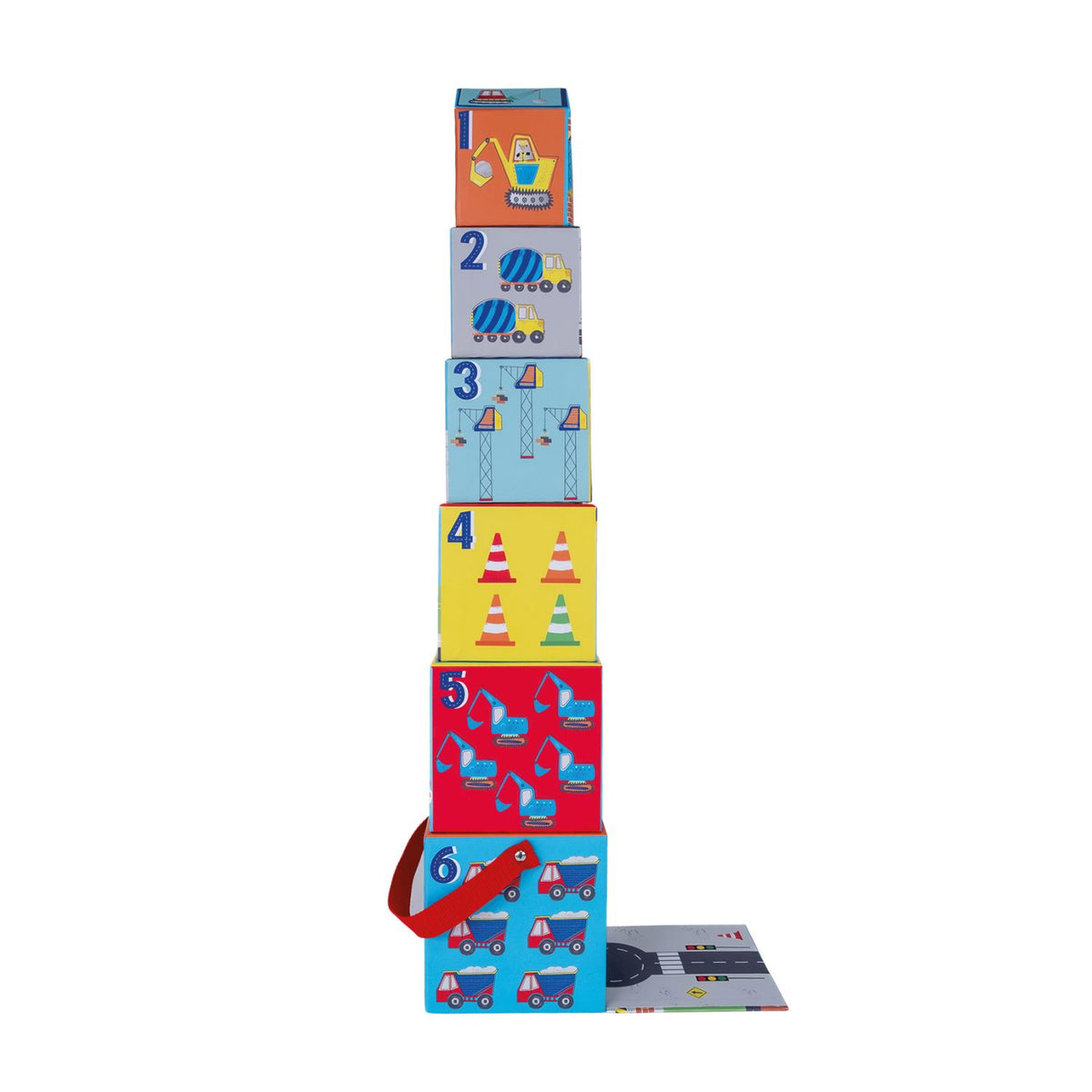 Stack of colorful children's blocks with numbers and shapes and construction themes