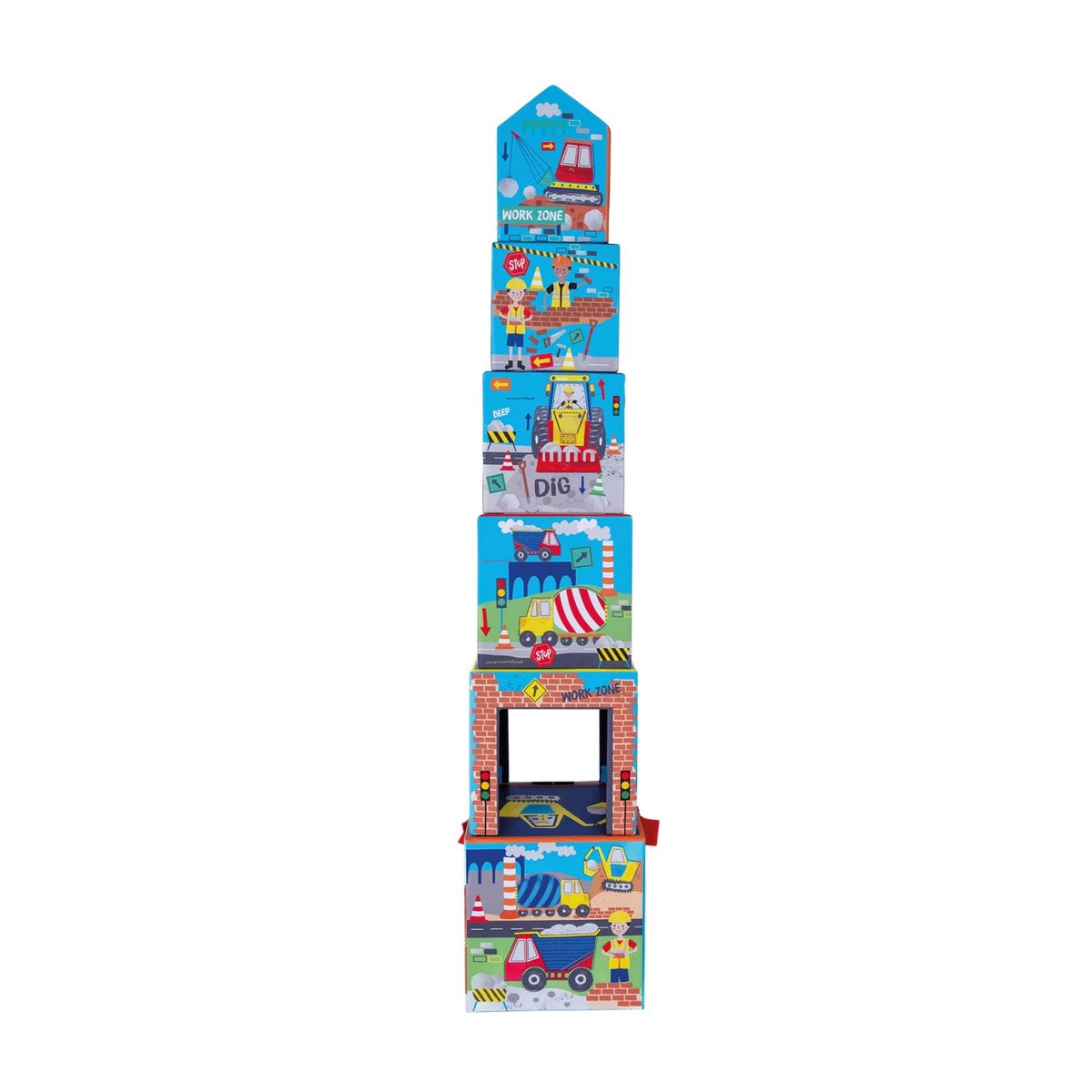 Colorful children's stacking blocks with construction themed illustrations 