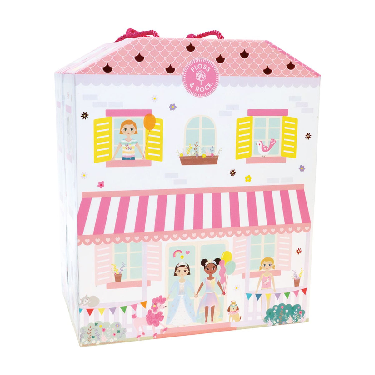 Children's toy Best Friends playhouse with colorful design featuring dolls and a pink roof 