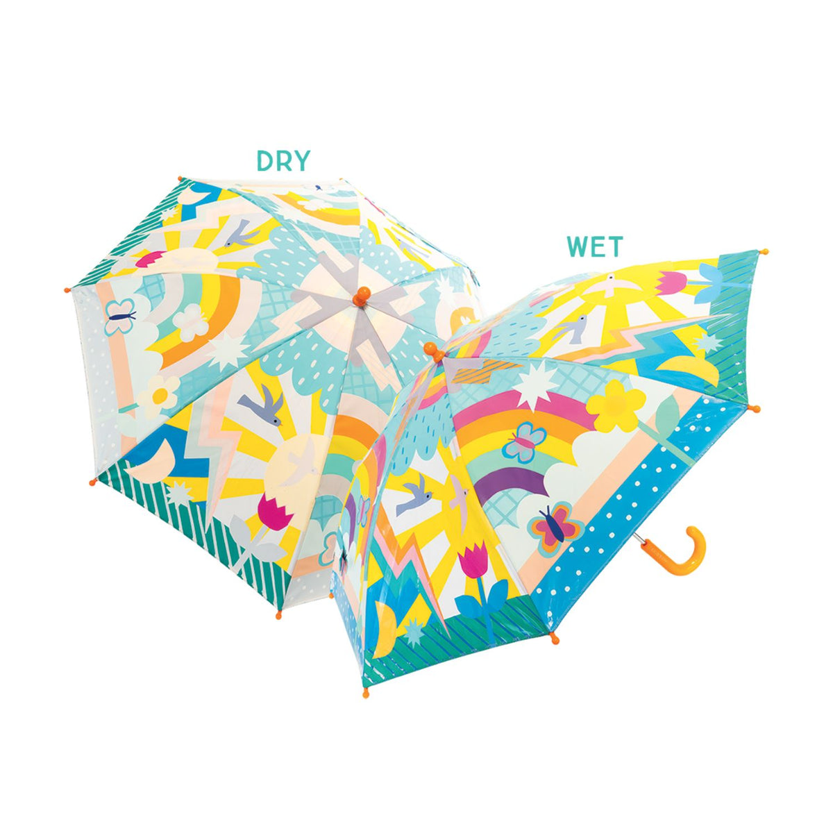 Childrens colorful colour changing rainbow umbrellas showing when dry and wet