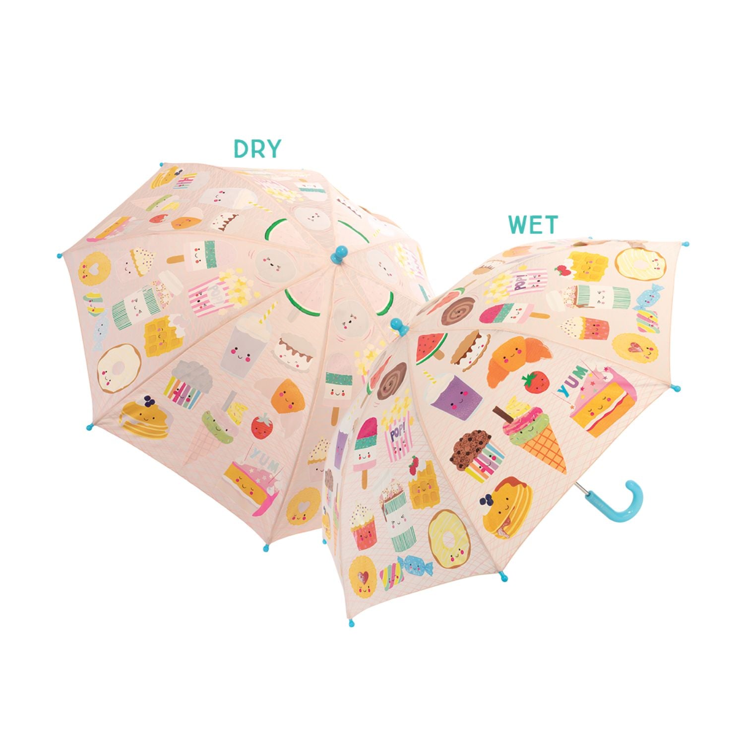 Children umbrellas showing dry and wet states with sweet treats pattern