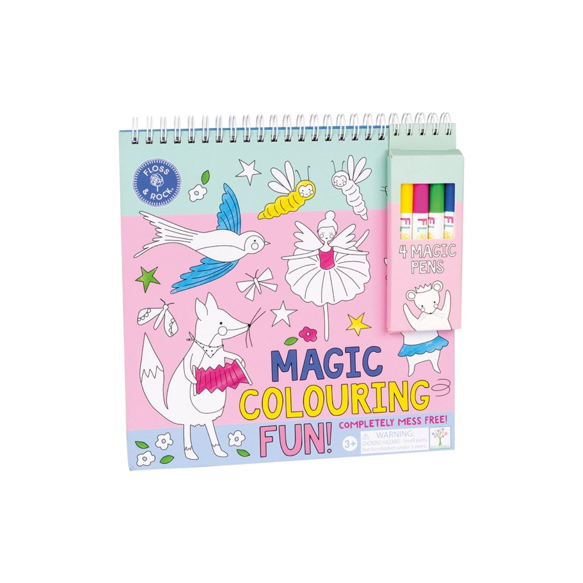Magic ink colouring book featuring a spiral-bound pad, eight themed illustration pages, and four special pens that only reveal colour on the paper.