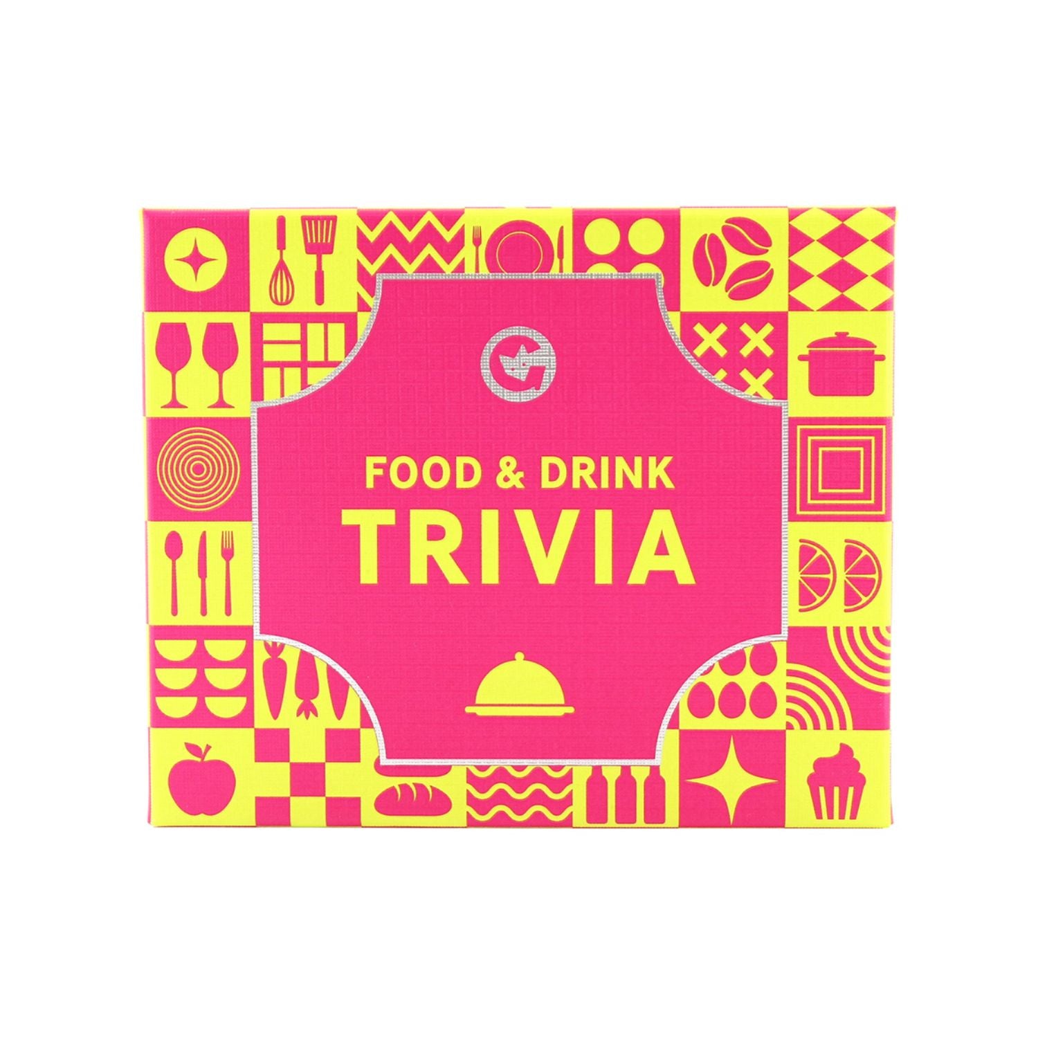 A box of 'Food and Drink Trivia' game with colorful illustrations of food and drink items on a pink background.