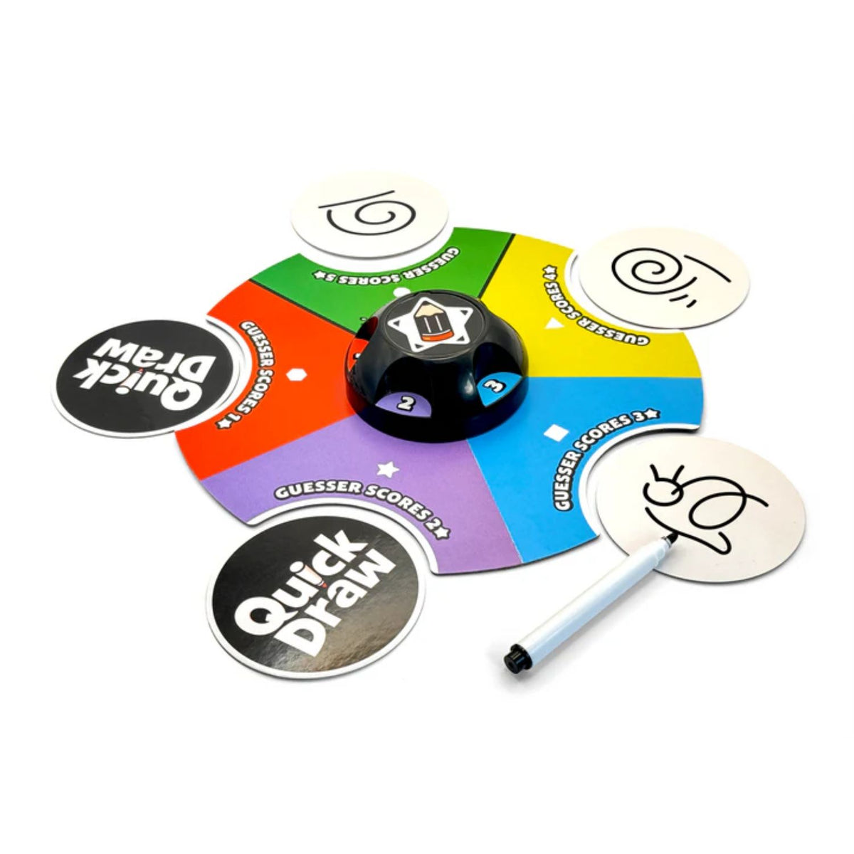A detailed shot of the central game spinner used to dictate specific twists and hilarious drawing challenges.