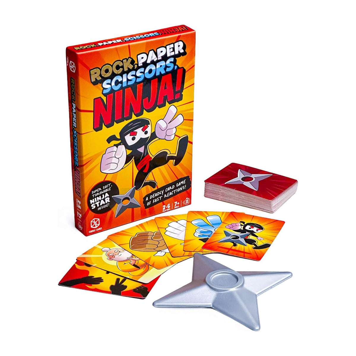 A full bird's-eye view of the game contents, including the central foam ninja star, a large deck of high-quality playing cards, and the instruction booklet.