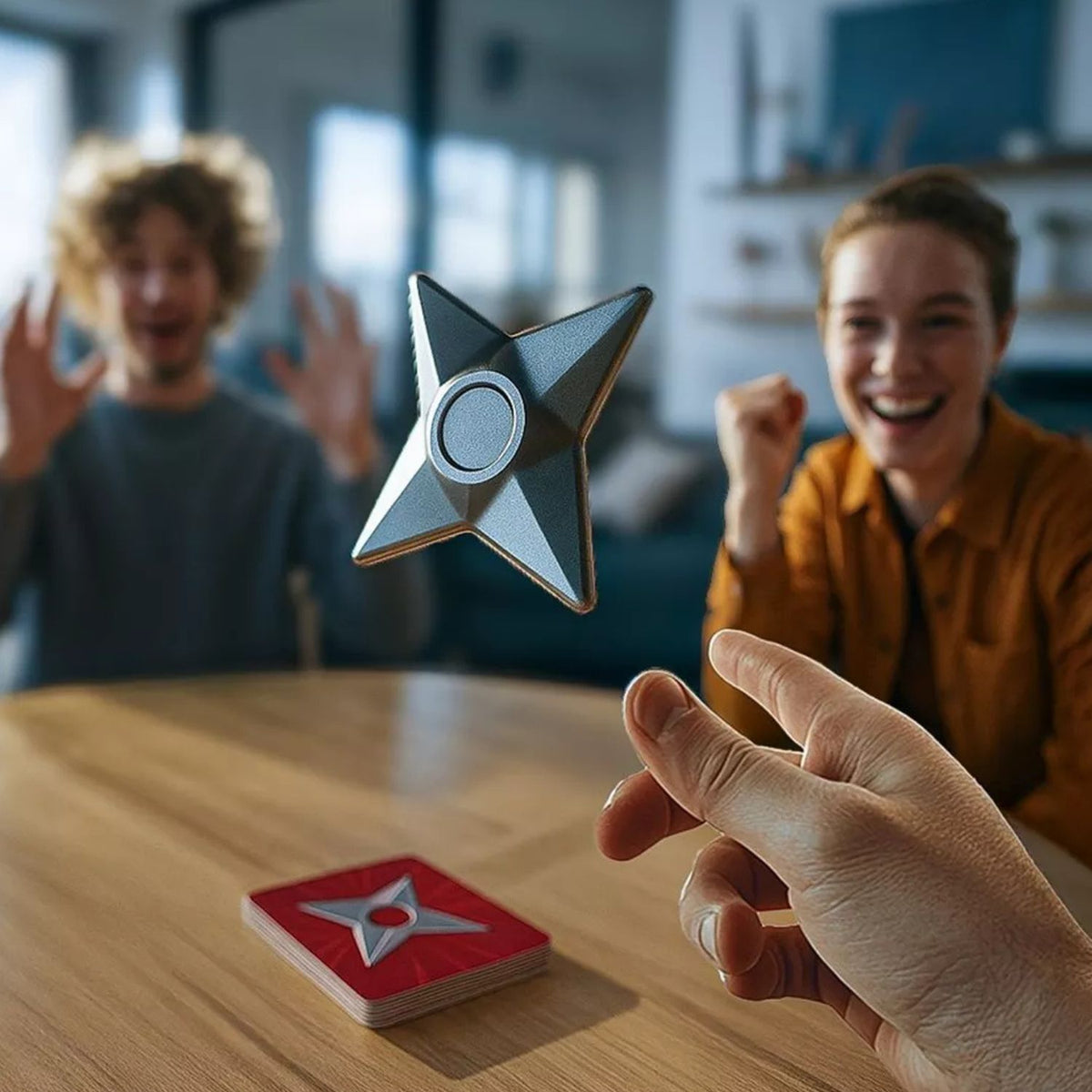 A close-up of the soft foam ninja star accessory, designed for safe, high-speed grabbing during competitive gameplay.