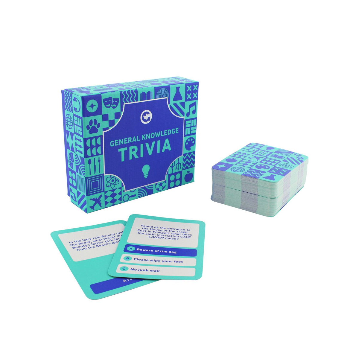 general knowledge trivia game bursting with a variety of topics to challenge and entertain everyone, in blue packaging
