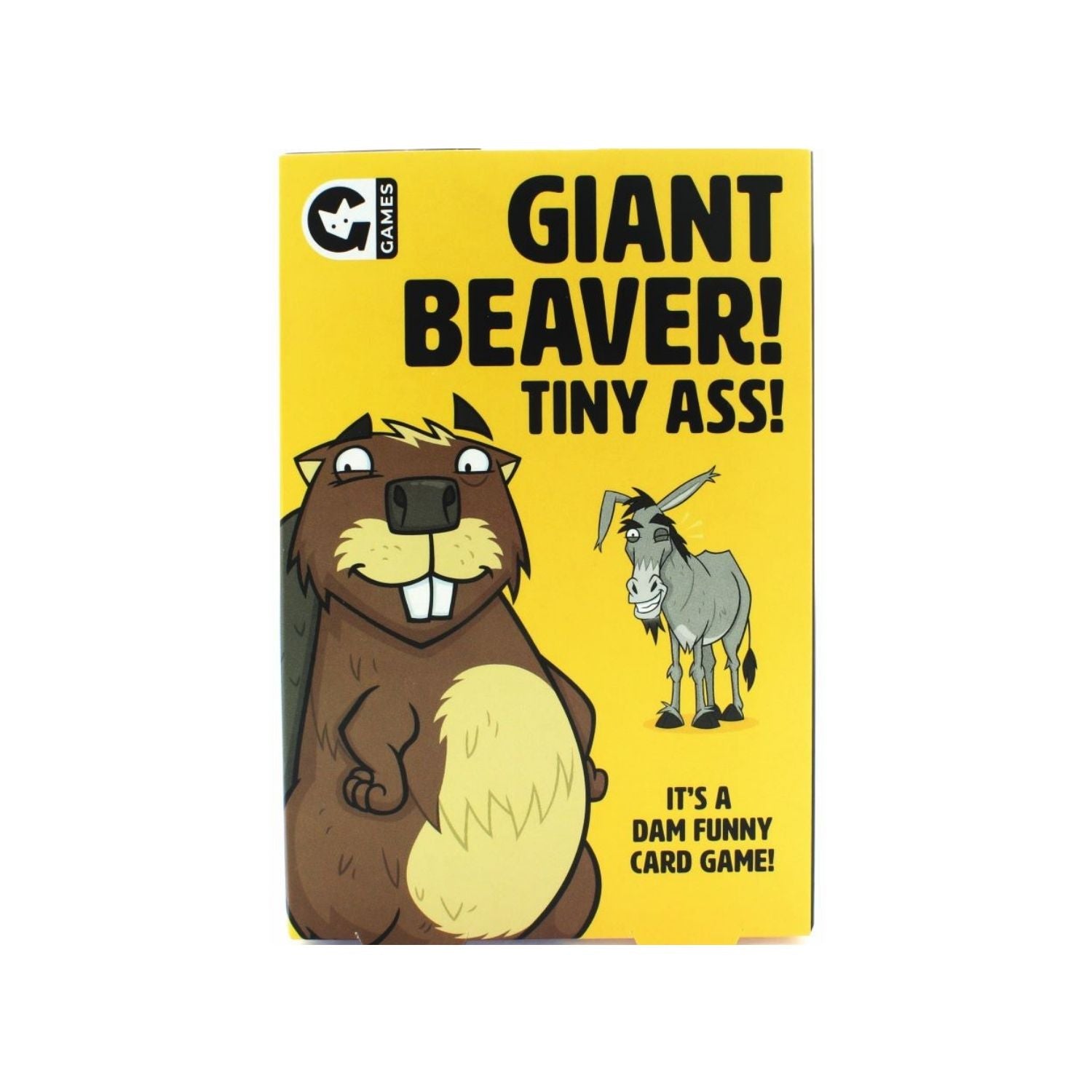 Card game box with cartoon beaver and donkey on a yellow background