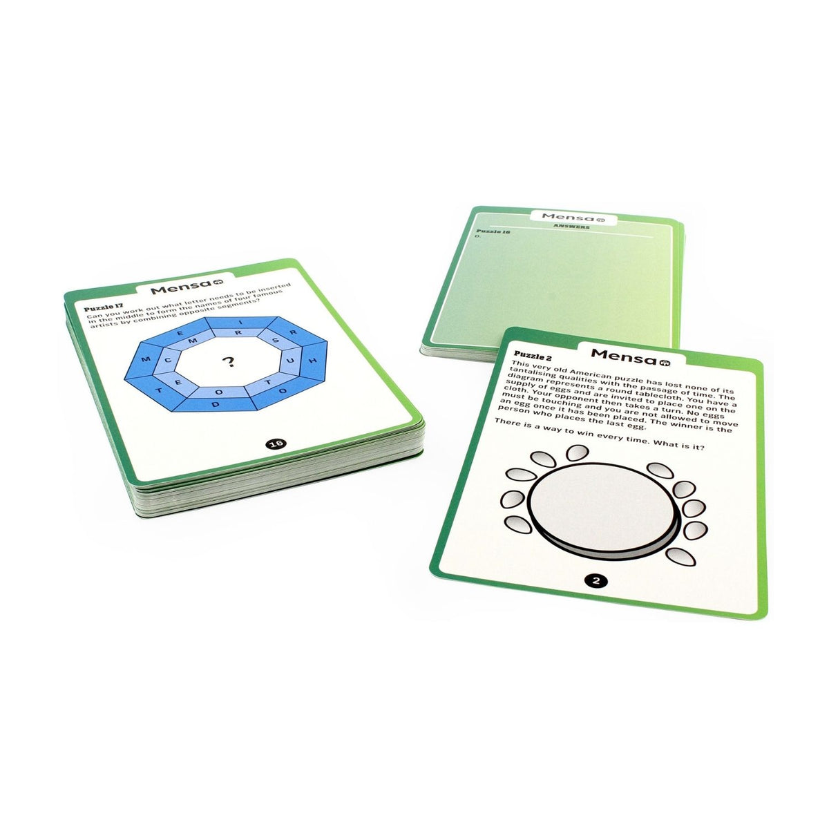 Set of Riddles and Conundrums card games with geometric designs on a white background