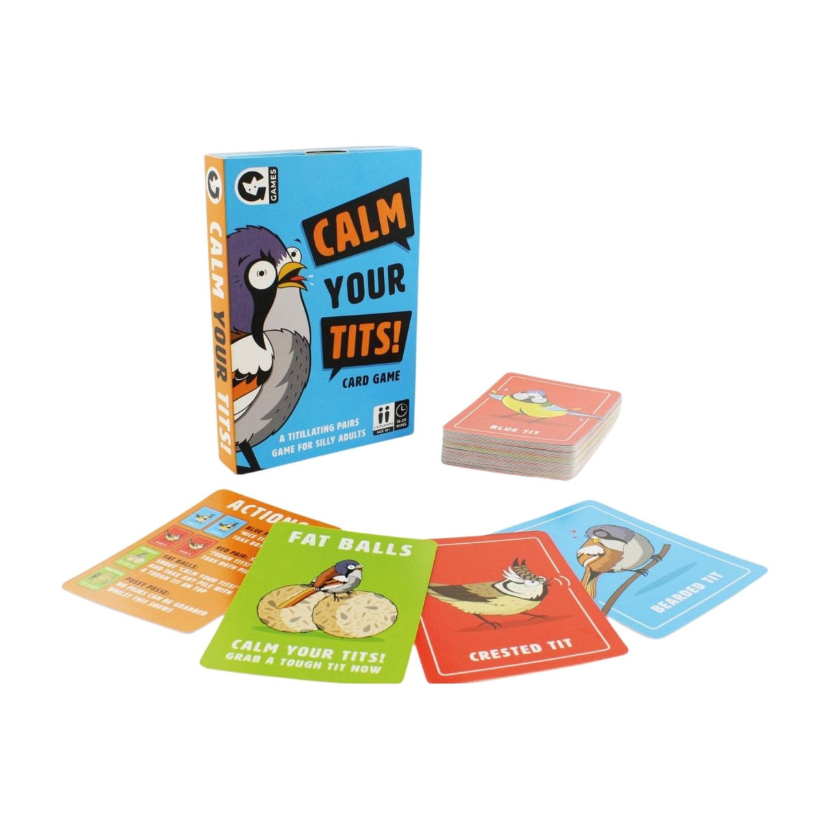 Card game set with 'Calm Your Tits' card game box and cards 