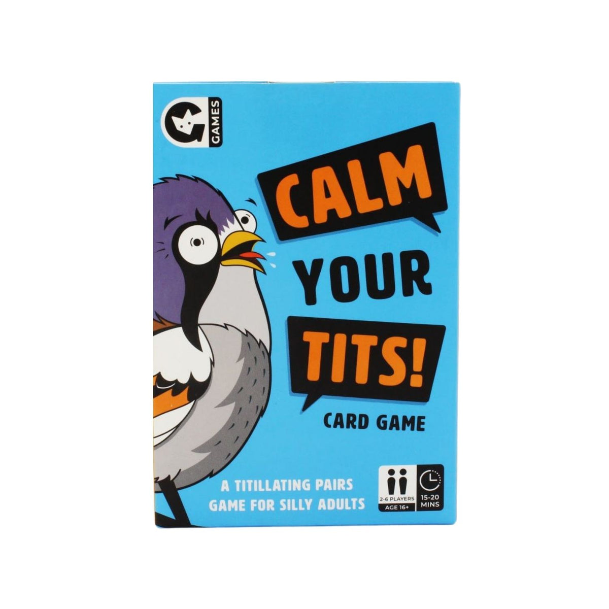 Card game box with a cartoon bird and text on a blue background