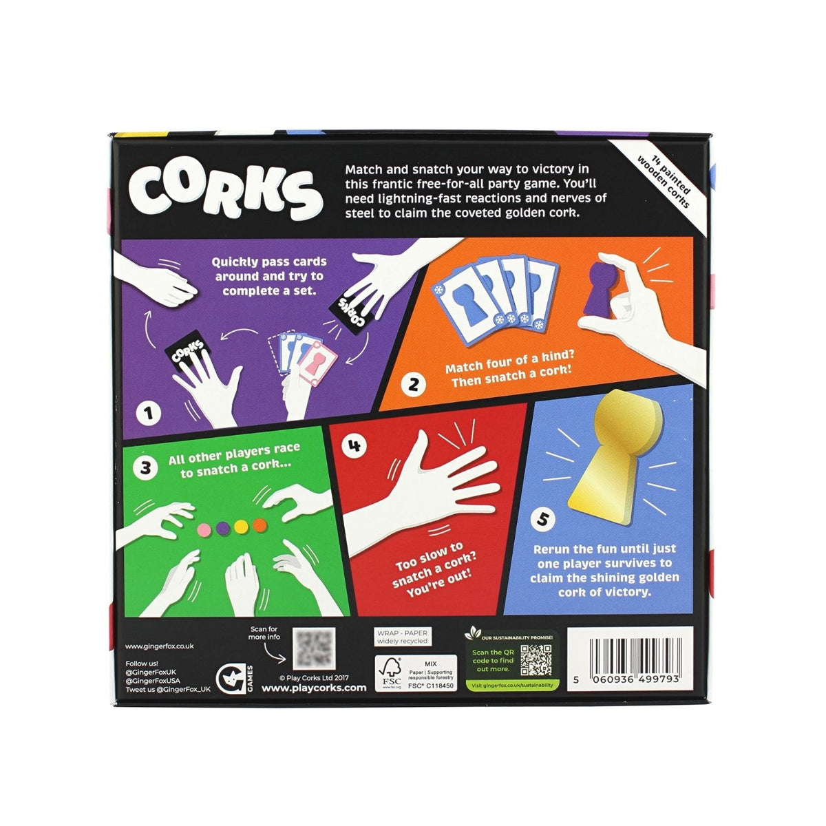 Box of the game 'Corks' with colourful graphics and text on how to play the game