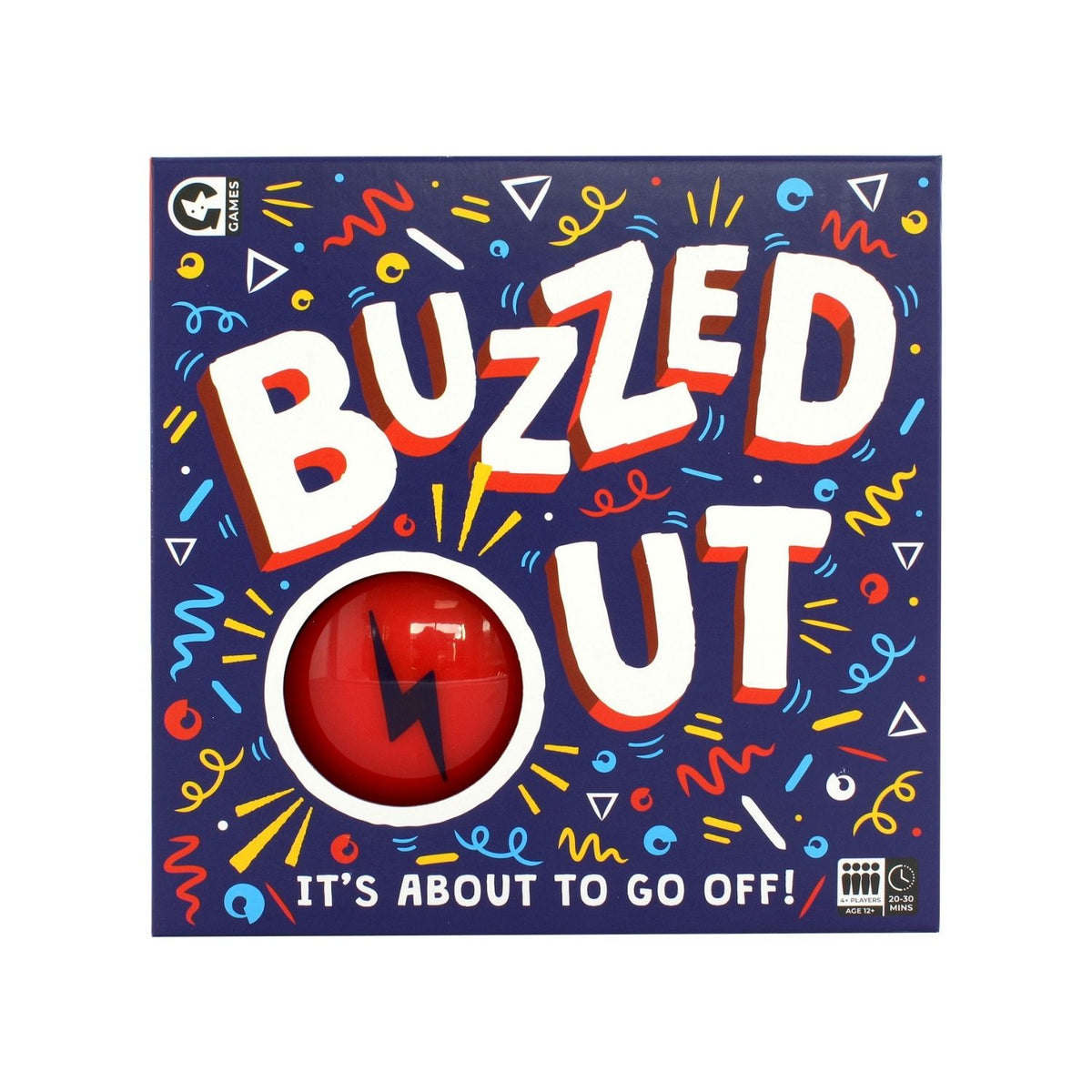 Board game box for 'Buzzed Out' with colorful design and red circle with lightning bolt.