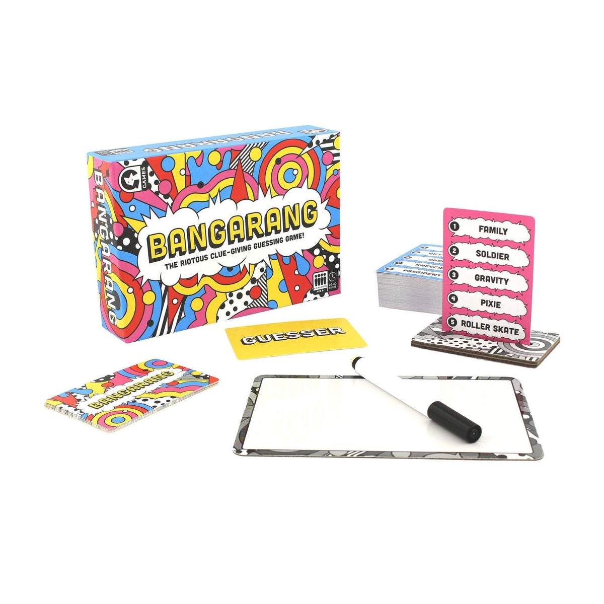 Bangarang game set with colorful box, cards, and whiteboard o