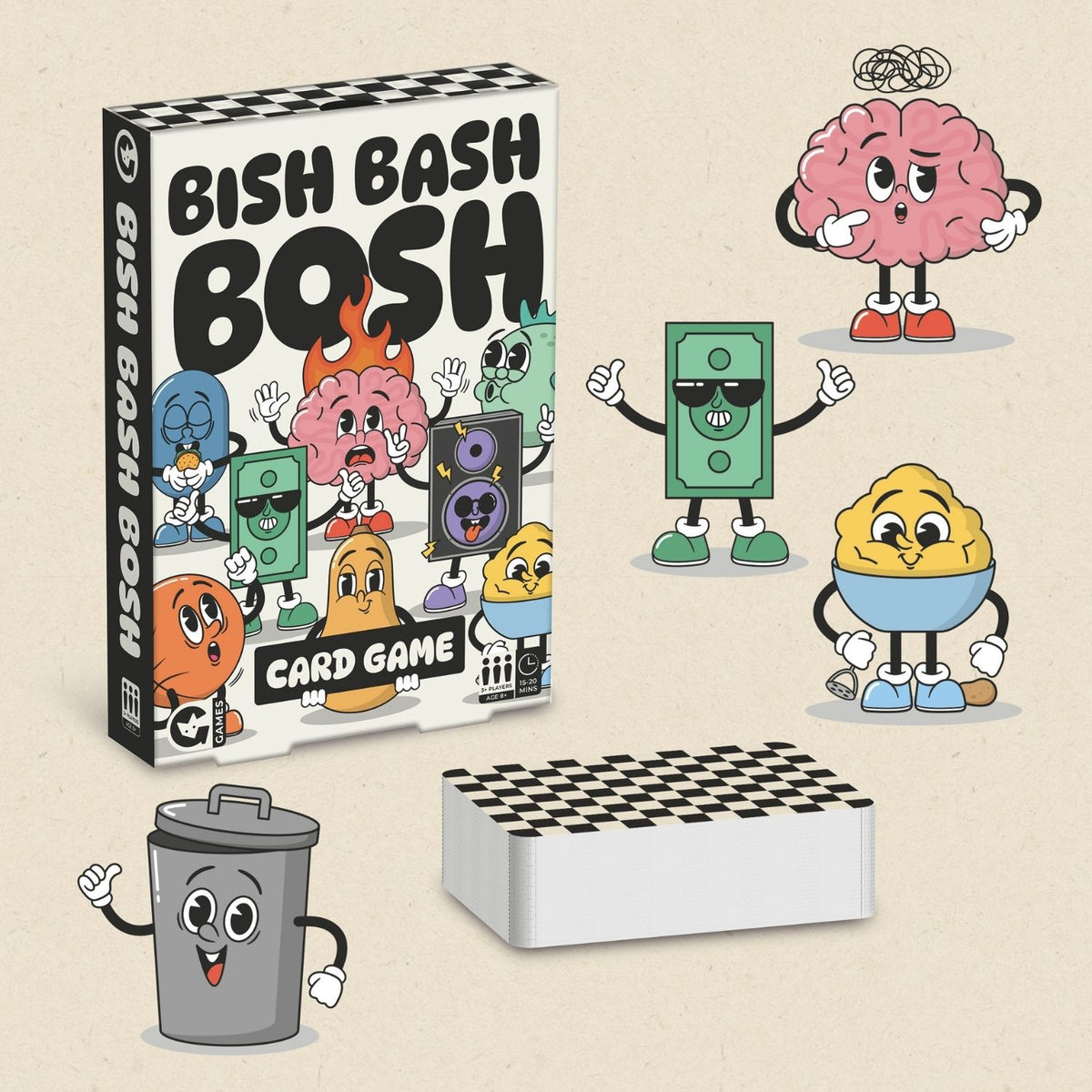 Bish Bash Bosh card game packaging with cartoon character figures on a beige background