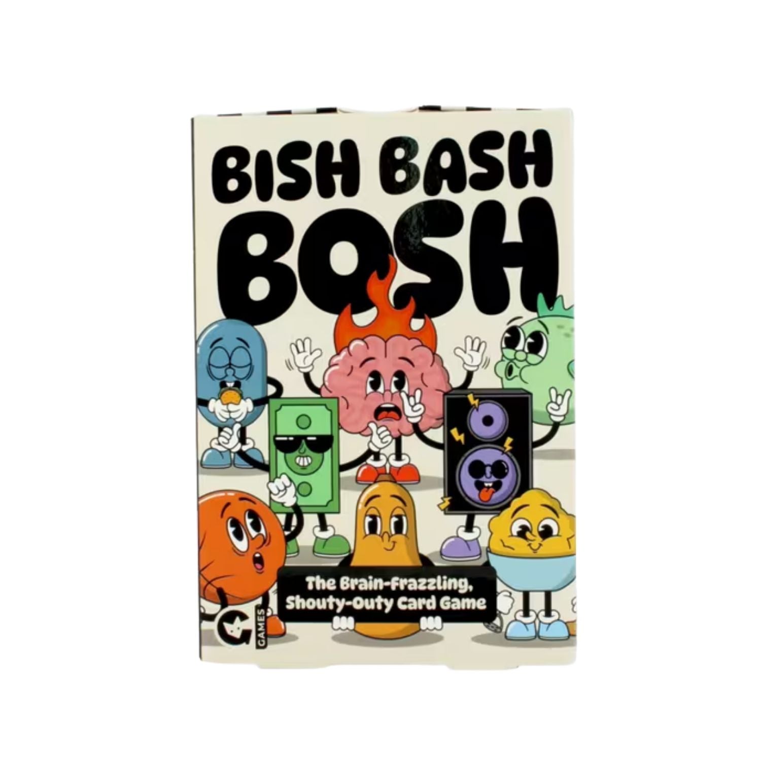 Card game box titled 'Bish Bash Bosh' with colorful character illustrations on a white background.