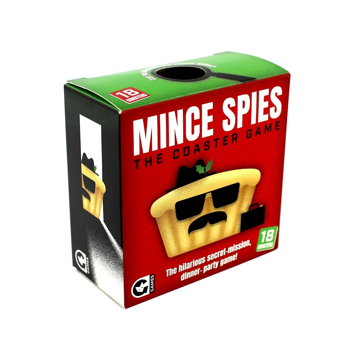 Box of 'Mince Spies' game with a red and green design