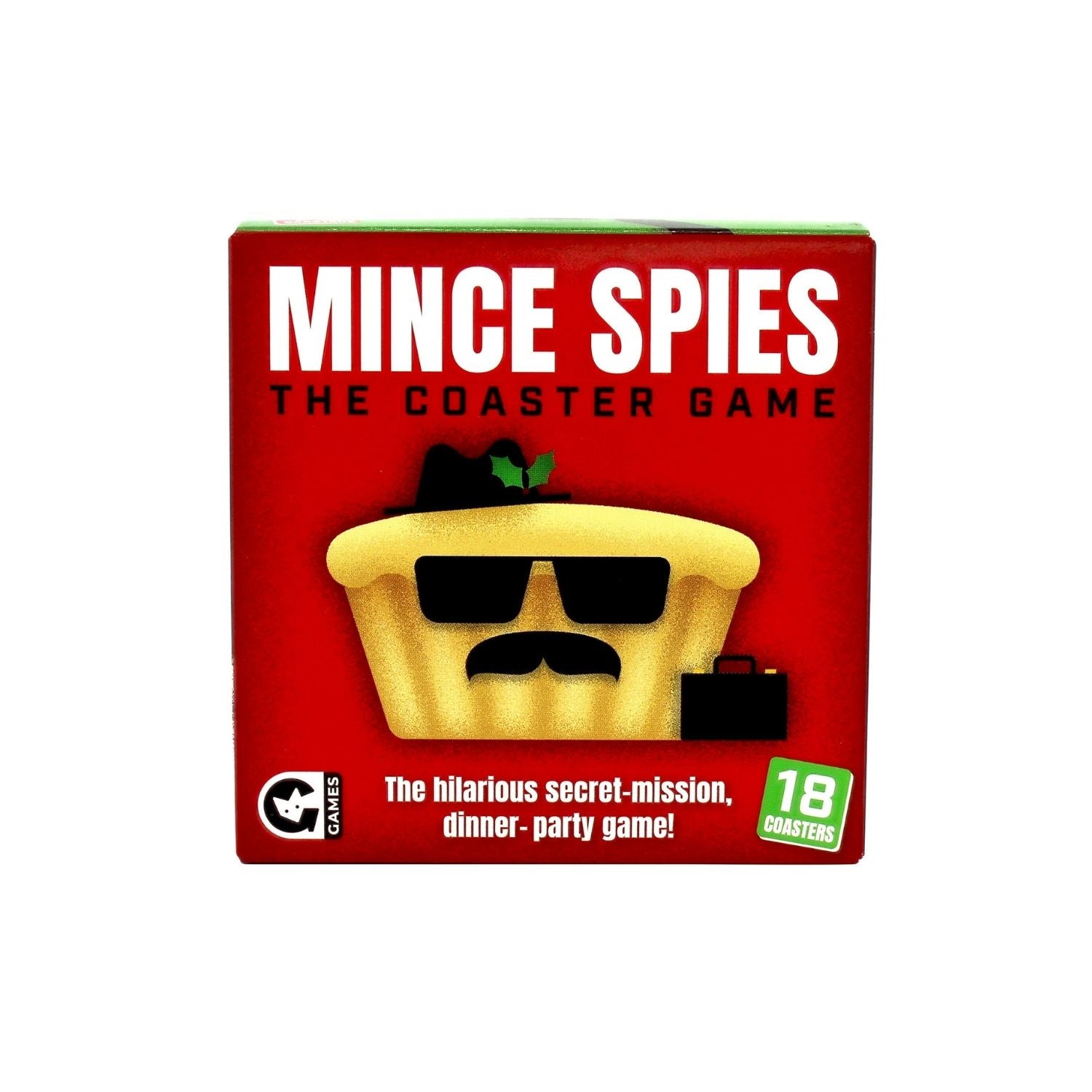 Box of 'Mince Spies: The Coaster Game' with a red background and text.
