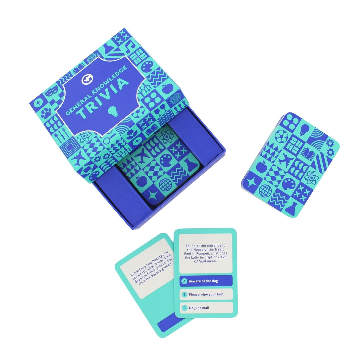 Trivia card game set with blue and green design 