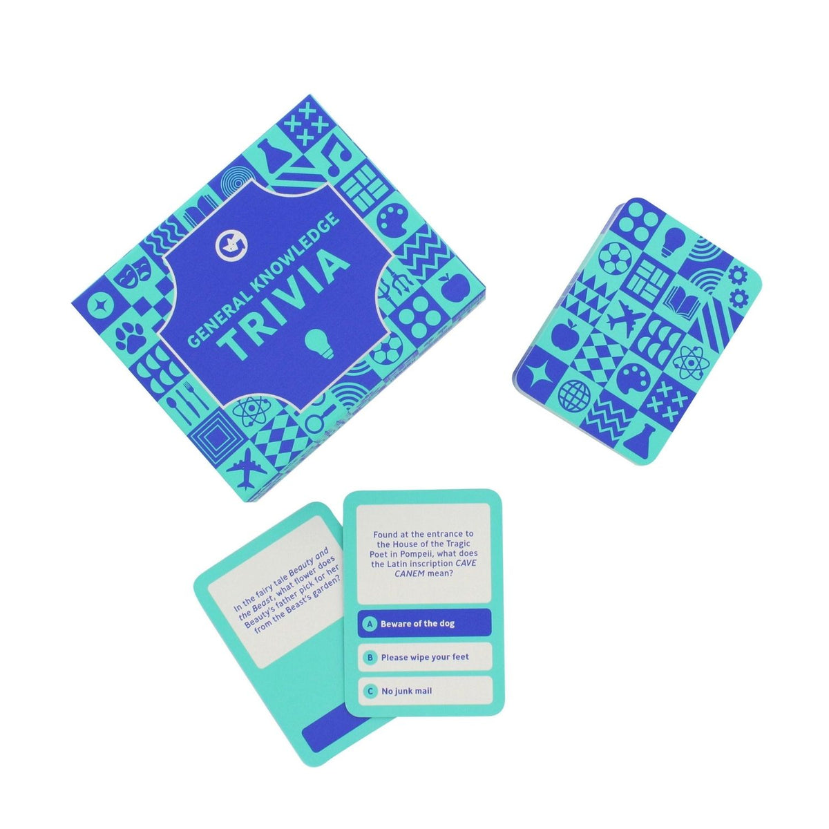 Set of trivia cards with blue and green design 