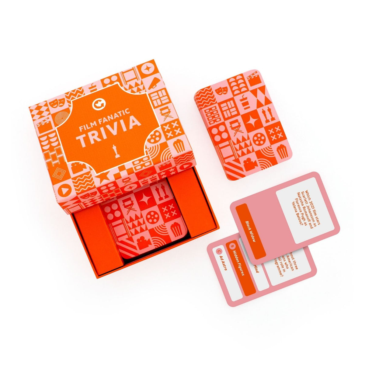 Film Fanatic Trivia game with orange packaging and patterned cards 