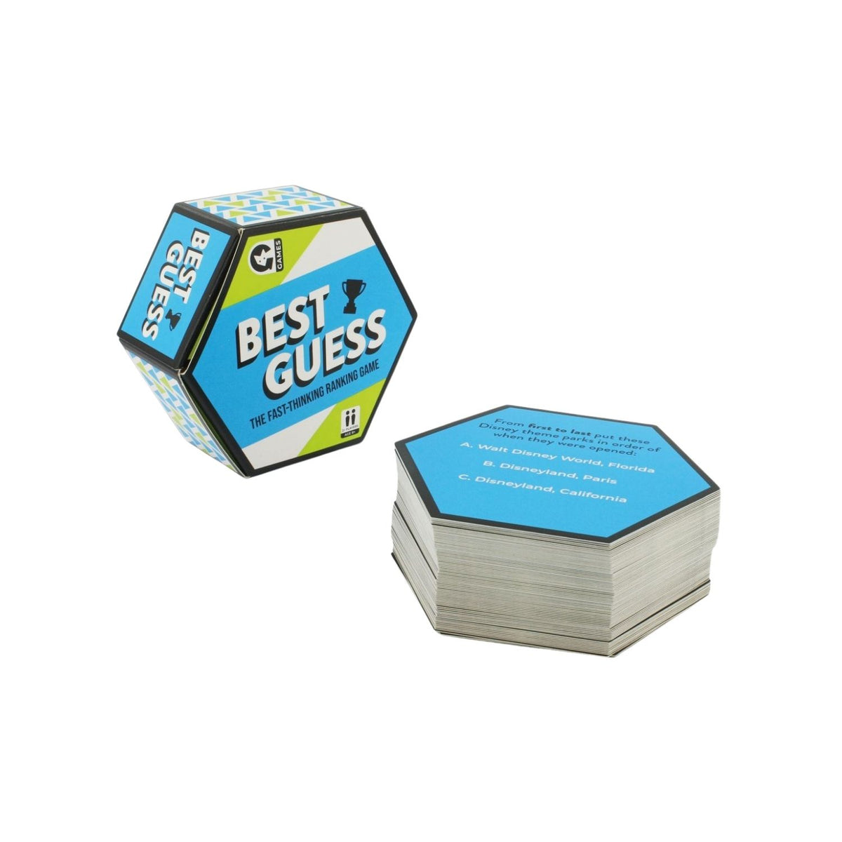 Hexagonal packaging of 'Best Guess' game cards