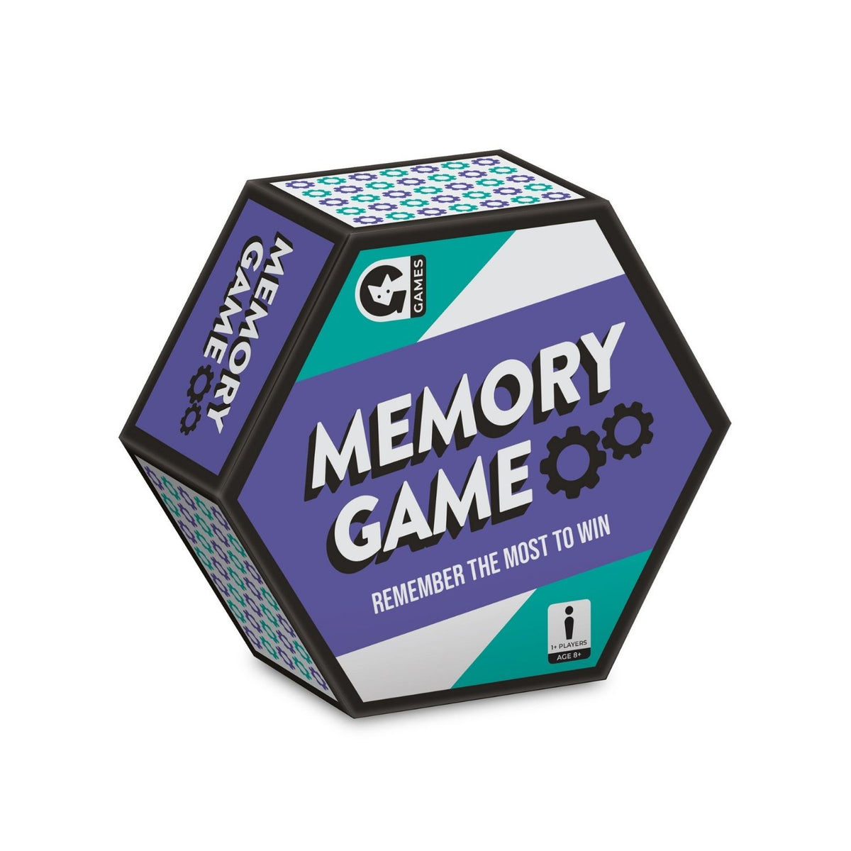 Hexagonal memory game box with purple and teal design on a white background