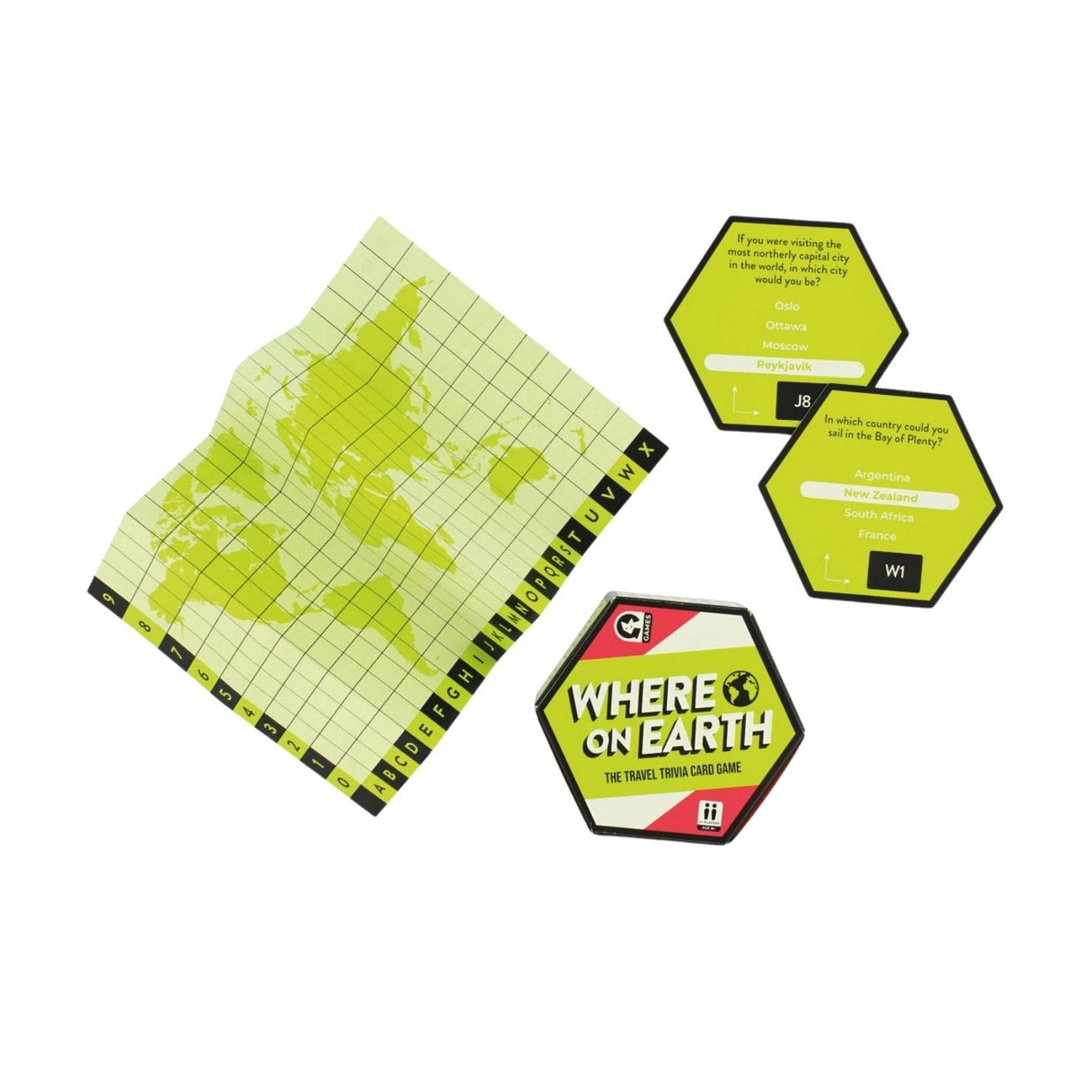 Hexagonal game cards and world map on a white background