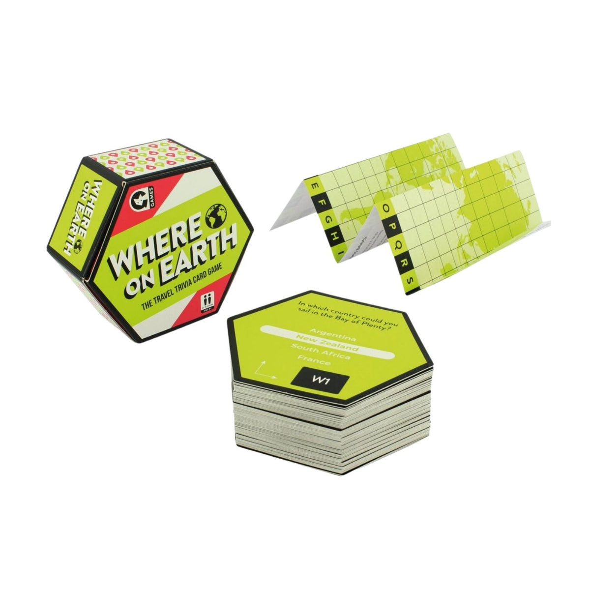 Hexagonal game cards with 'Where on Earth' branding on a white background