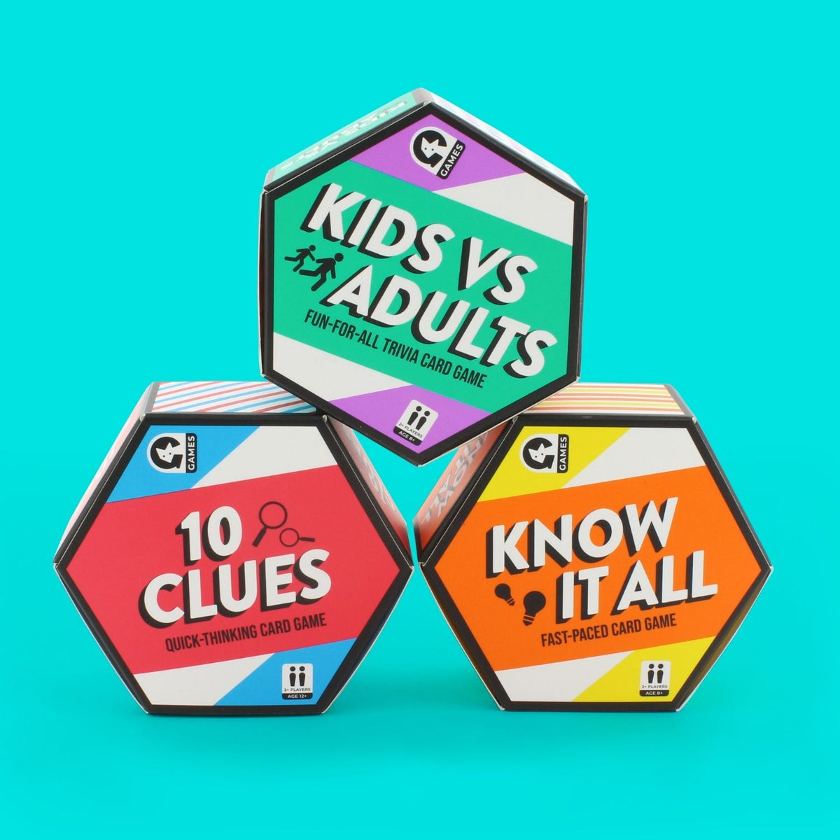 Hexagonal card game boxes with colorful designs and text on a teal background