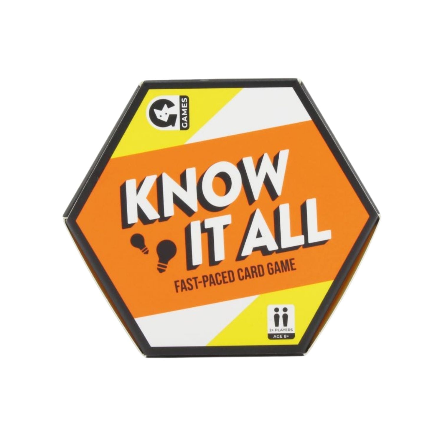 Hexagonal card game box for 'Know It All' on a white background