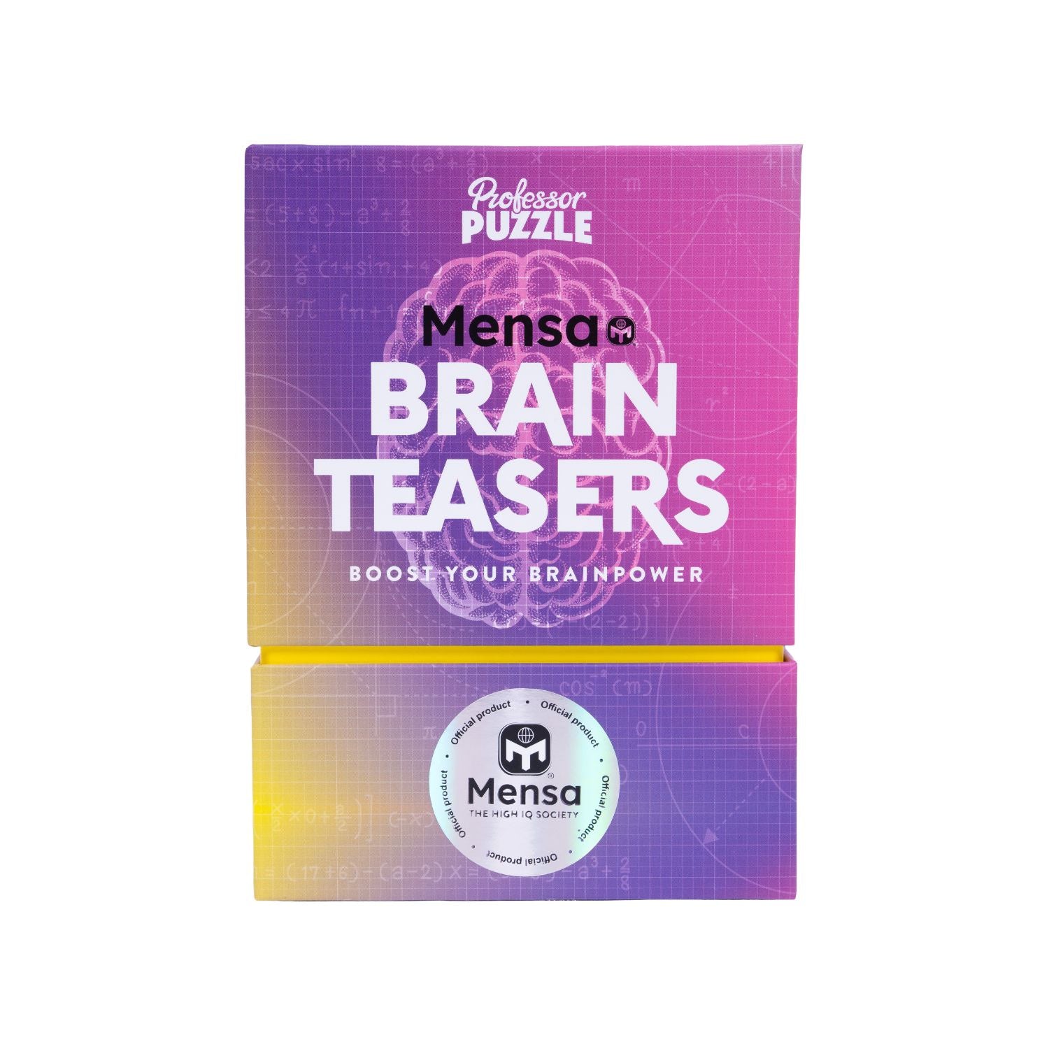 The Mensa: Brain Teasers puzzle deck featuring the official Mensa logo and a sleek, sophisticated card box design.