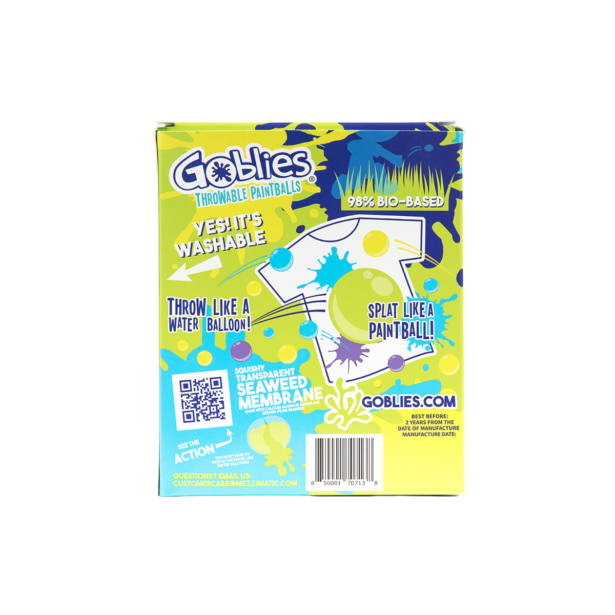 A package of Goblies Throwable Paintballs in green color, with the product visible through a window on the box. The packaging is vibrant with splashes of green and yellow, and text indicates the product is suitable for ages 6 and up, and includes 40 paintball