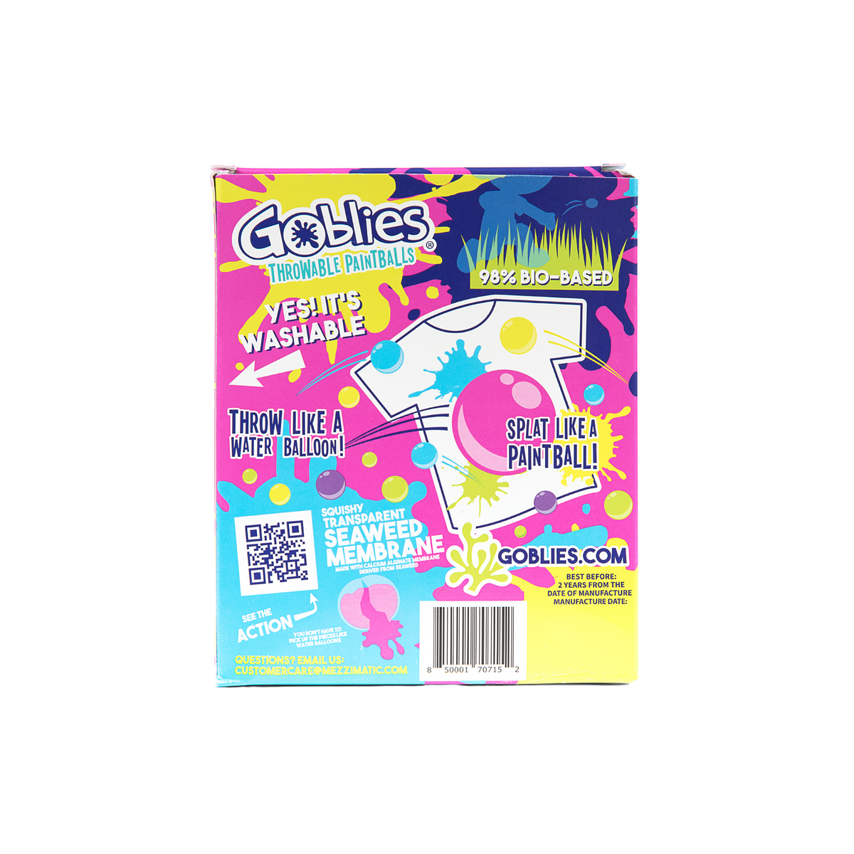 A package of Goblies throwable pink paintballs with several pink balls visible in front of the box. The box is vibrant with splashes of paint, indicating the product&#39;s color and playful nature.
